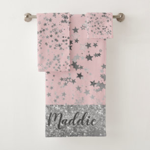 Whimsical Silver Stars on Pink Personalized Bath Towel Set