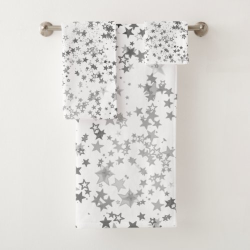 Whimsical Silver Stars on White Bath Towel Set