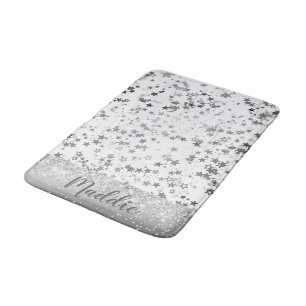 Whimsical Silver Stars on White Personalized Bath Mat