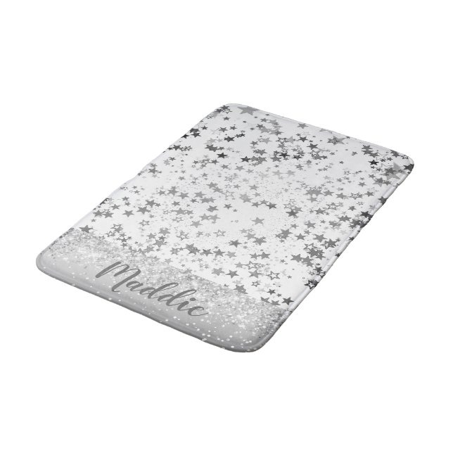 Whimsical Silver Stars on White Personalized Bath Mat (Angled)