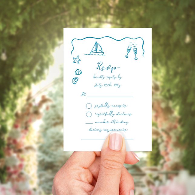 Whimsical Simple Hand Drawn Blue Beach Theme RSVP Card (Creator Uploaded)
