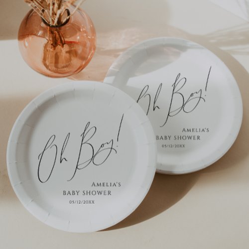 Whimsical Simple Neutral Oh Boy Baby Shower Paper Plates