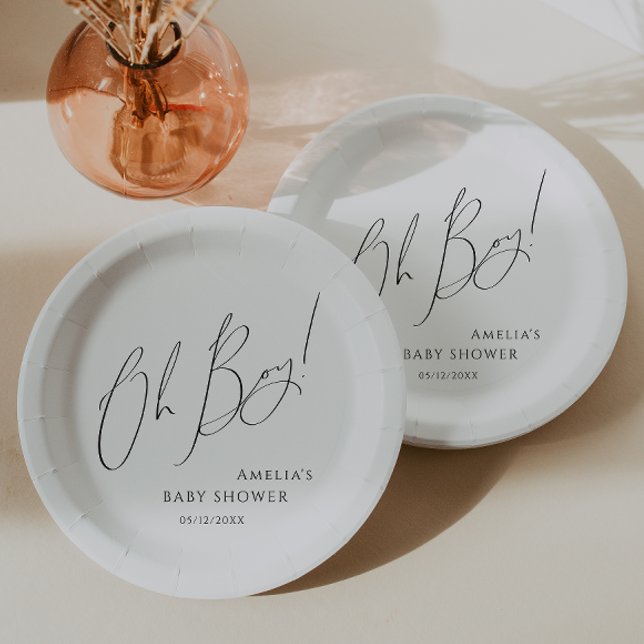 Whimsical Simple Neutral Oh Boy! Baby Shower Paper Plates (Creator Uploaded)