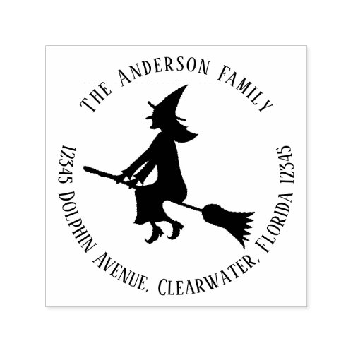 Whimsical Simple Return Address Witch Broomstick Self_inking Stamp
