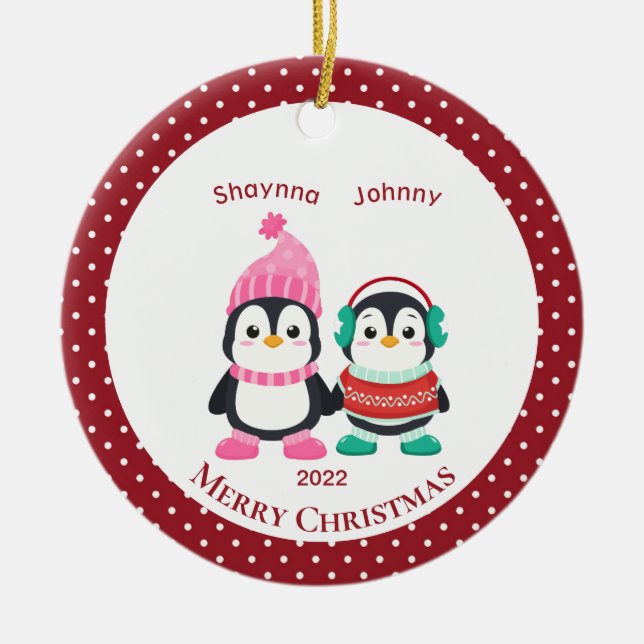 Whimsical Sister & Brother Penguins Personalized   Ceramic Ornament (Front)