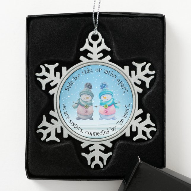 Whimsical Sister Snowmen Snowflake Pewter Christmas Ornament (Box)
