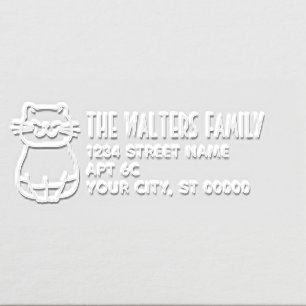 Whimsical Sitting Cat Family Name Return Address Embosser