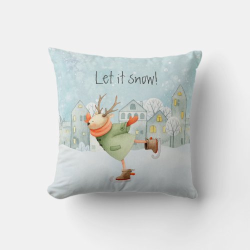 Whimsical Skating Deer Let It Snow Holiday Throw Pillow