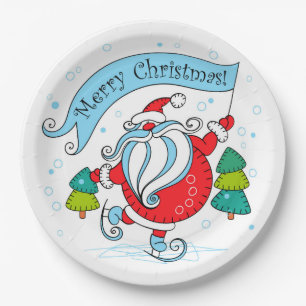 Whimsical Skating Santa Claus   Merry Christmas Paper Plates