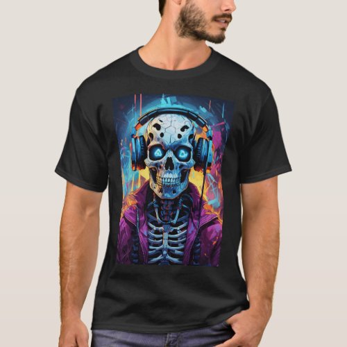 Whimsical Skeleton Cartoon Sticker Tee T_Shirt