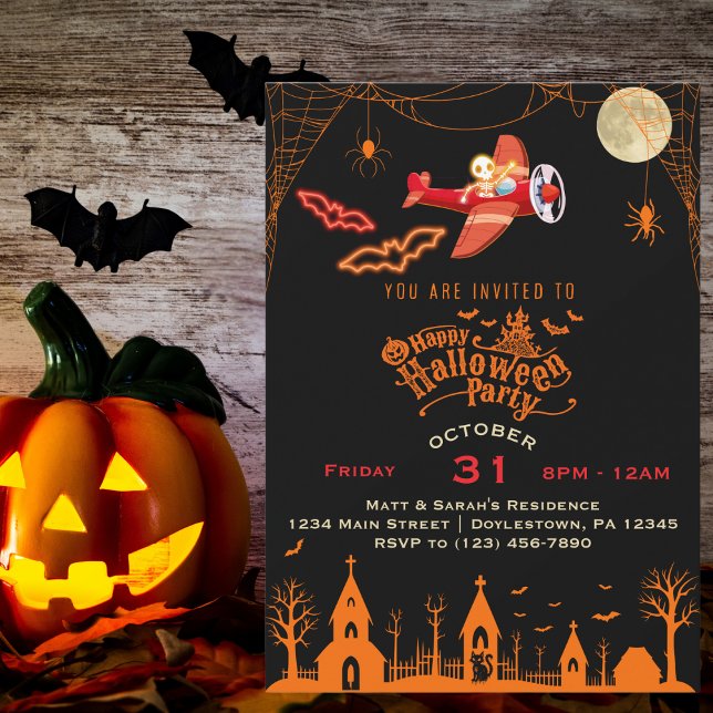 Whimsical Skeleton Flying Airplane Halloween Party Invitation (front)