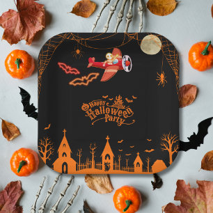 Whimsical Skeleton Flying Airplane Halloween Party Paper Plates