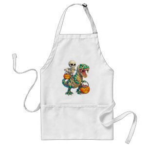 Whimsical Skeleton Riding Mummy T-Rex Halloween Adult Apron