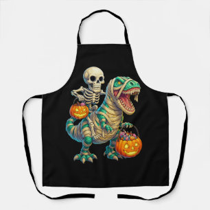 Whimsical Skeleton Riding Mummy T-Rex Halloween Apron