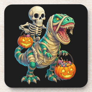 Whimsical Skeleton Riding Mummy T-Rex Halloween  Beverage Coaster