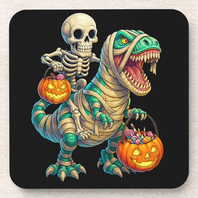 Whimsical Skeleton Riding Mummy T-Rex Halloween  Beverage Coaster (Front)