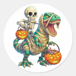 Whimsical Skeleton Riding Mummy T-Rex Halloween Classic Round Sticker