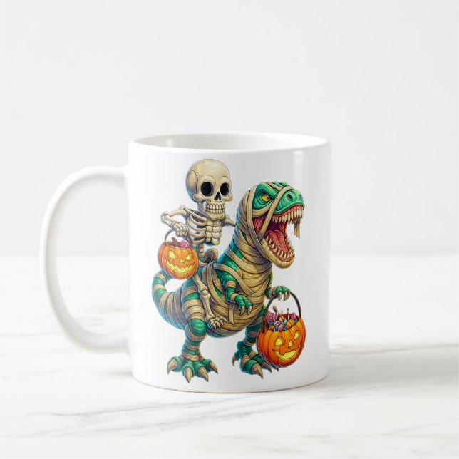 Whimsical Skeleton Riding Mummy T-Rex Halloween  Coffee Mug (Left)