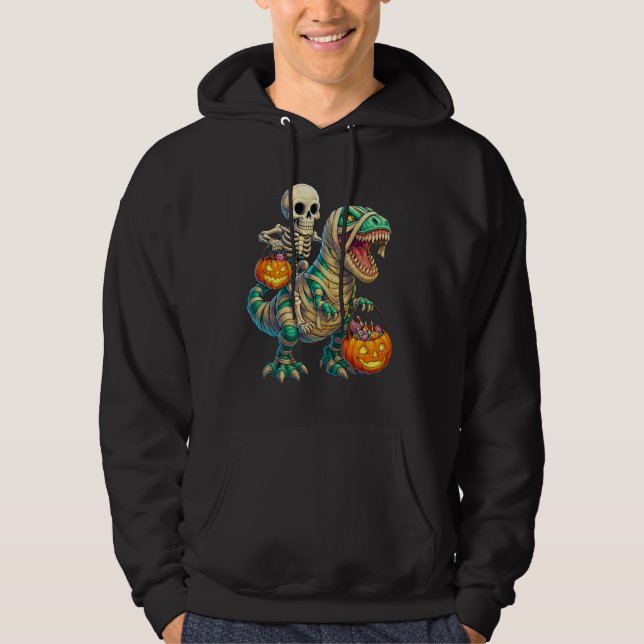 Whimsical Skeleton Riding Mummy T-Rex Halloween  Hoodie (Front)
