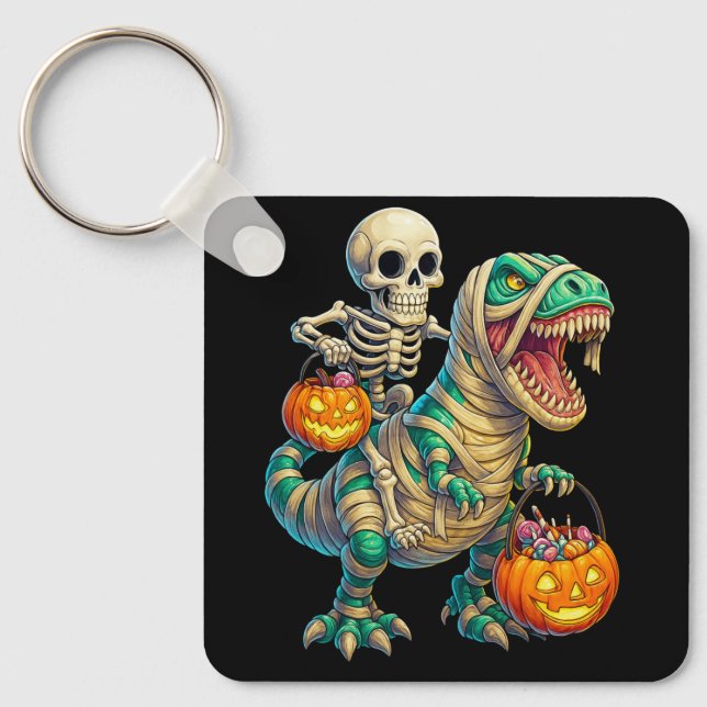 Whimsical Skeleton Riding Mummy T-Rex Halloween  Keychain (Front)