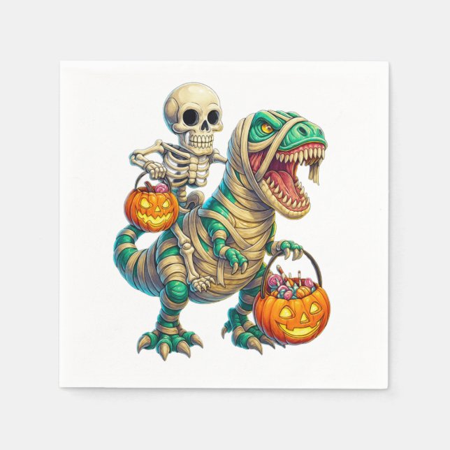 Whimsical Skeleton Riding Mummy T-Rex Halloween  Napkins (Front)