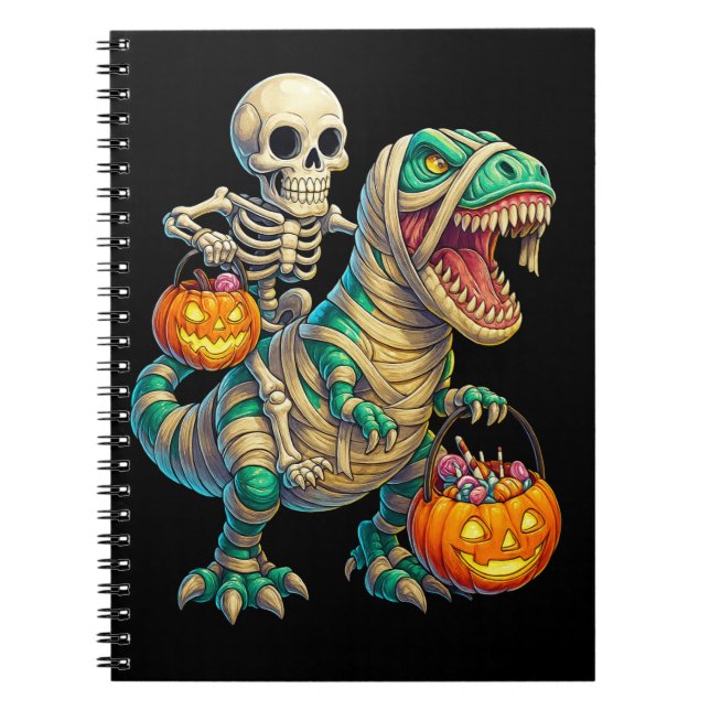 Whimsical Skeleton Riding Mummy T-Rex Halloween  Notebook (Front)