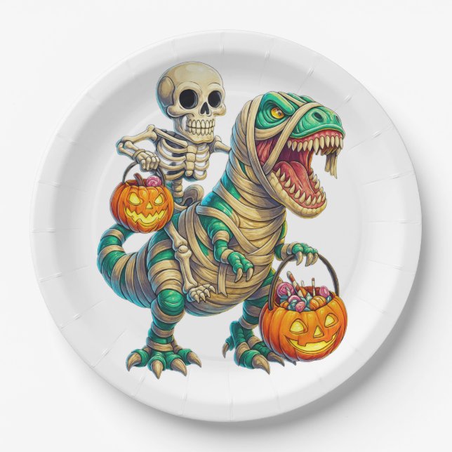 Whimsical Skeleton Riding Mummy T-Rex Halloween  Paper Plates (Front)