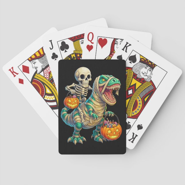 Whimsical Skeleton Riding Mummy T-Rex Halloween  Poker Cards (Back)