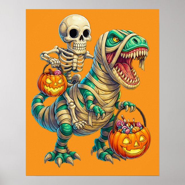Whimsical Skeleton Riding Mummy T-Rex Halloween  Poster (Front)