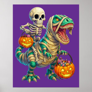 Whimsical Skeleton Riding Mummy T-Rex Halloween  Poster