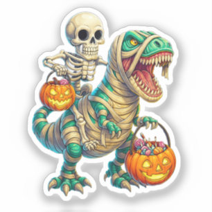 Whimsical Skeleton Riding Mummy T-Rex Halloween Sticker