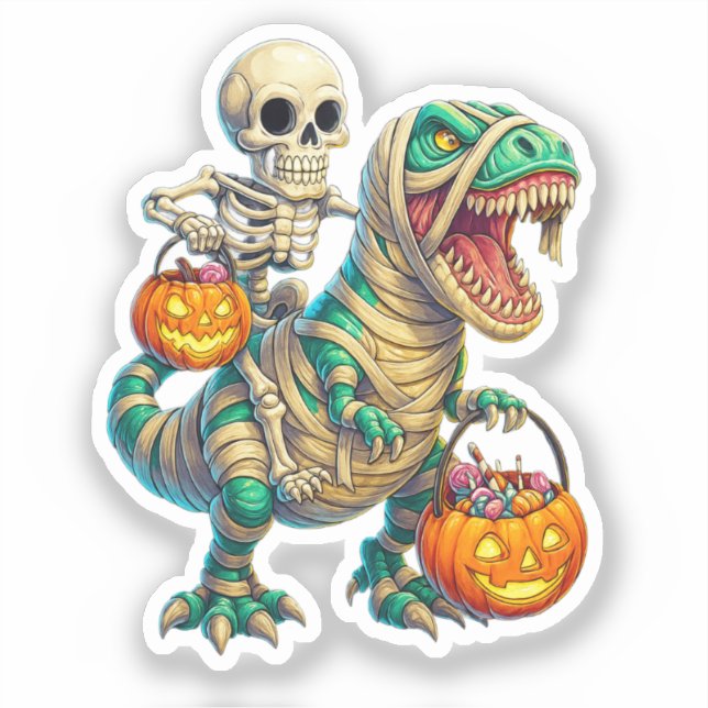 Whimsical Skeleton Riding Mummy T-Rex Halloween  Sticker (Front)