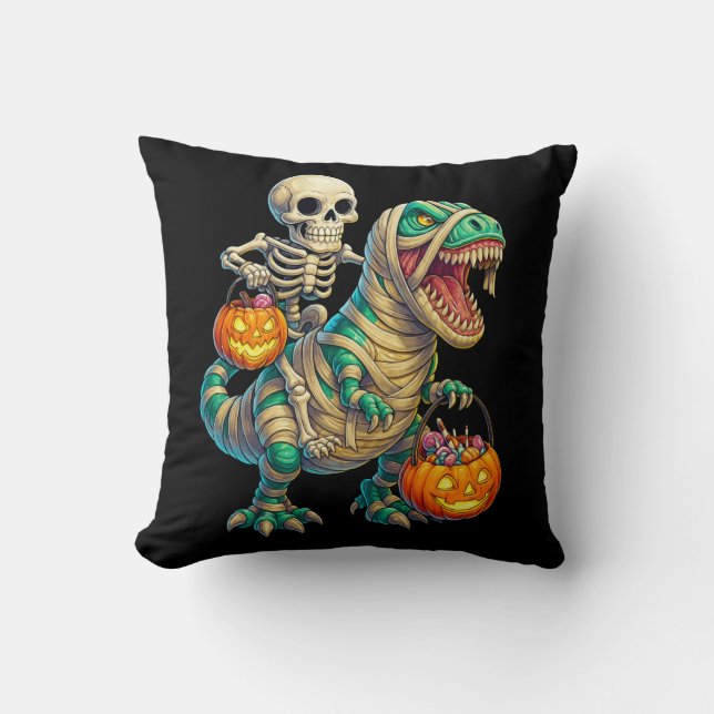 Whimsical Skeleton Riding Mummy T-Rex Halloween  Throw Pillow (Front)