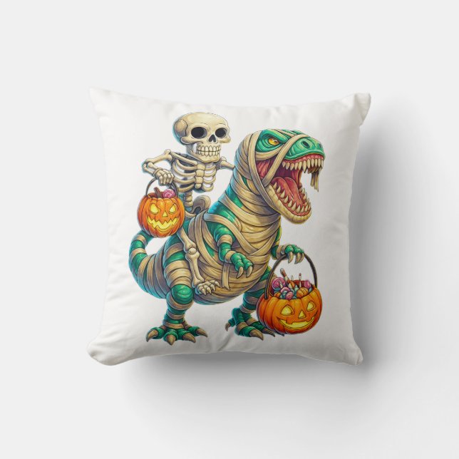 Whimsical Skeleton Riding Mummy T-Rex Halloween  Throw Pillow (Front)