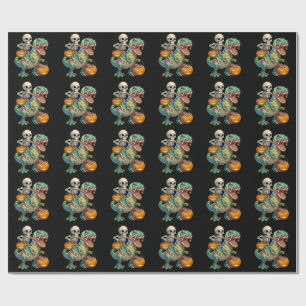 Whimsical Skeleton Riding Mummy T-Rex Halloween  Wrapping Paper