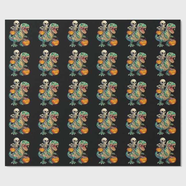 Whimsical Skeleton Riding Mummy T-Rex Halloween  Wrapping Paper (Flat)