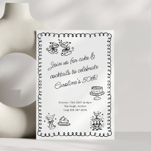 Whimsical Sketch Doodle Cake Cocktails Birthday Invitation