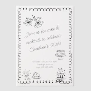 Whimsical Sketch Doodle Cake Cocktails Birthday Vellum Invitations