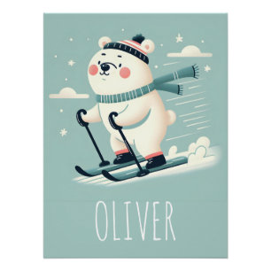 Whimsical Skiing Cute Polar Bear Personalized Poster