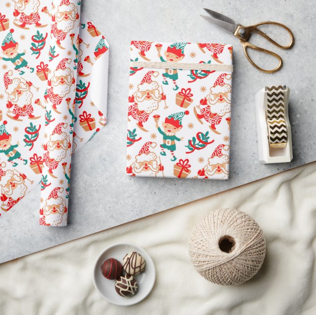 Whimsical Skiing Santa Elves Christmas Holidays Wrapping Paper (Crafts)