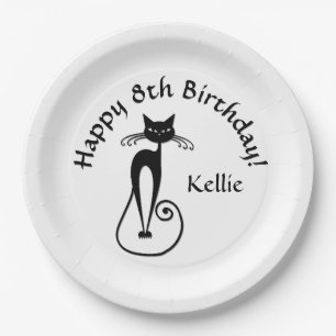 Whimsical Skinny Black Cat Birthday Name Age Paper Plates