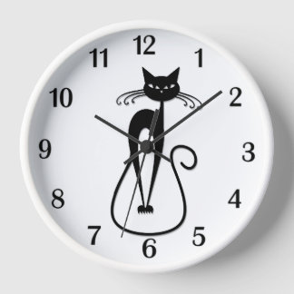 Whimsical Skinny Black Cat Black Numbers Clock