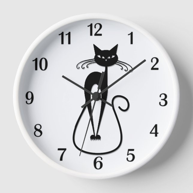 Whimsical Skinny Black Cat Black Numbers Clock (Front)
