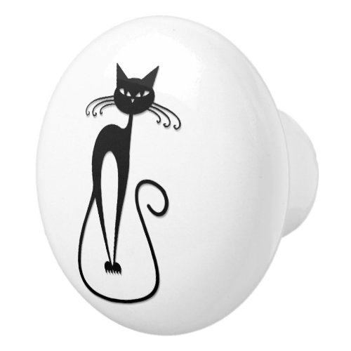 Whimsical Skinny Black Cat Ceramic Knob