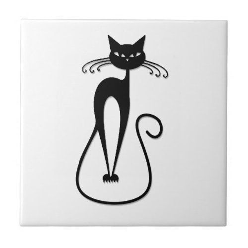 Whimsical Skinny Black Cat Ceramic Tile