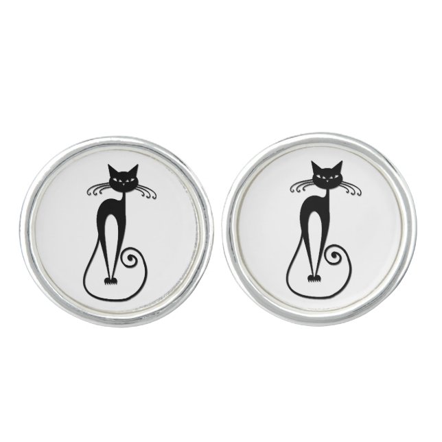 Whimsical Skinny Black Cat Cufflinks (Front)