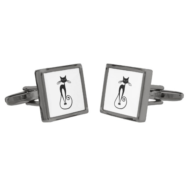 Whimsical Skinny Black Cat Cufflinks (Angled)