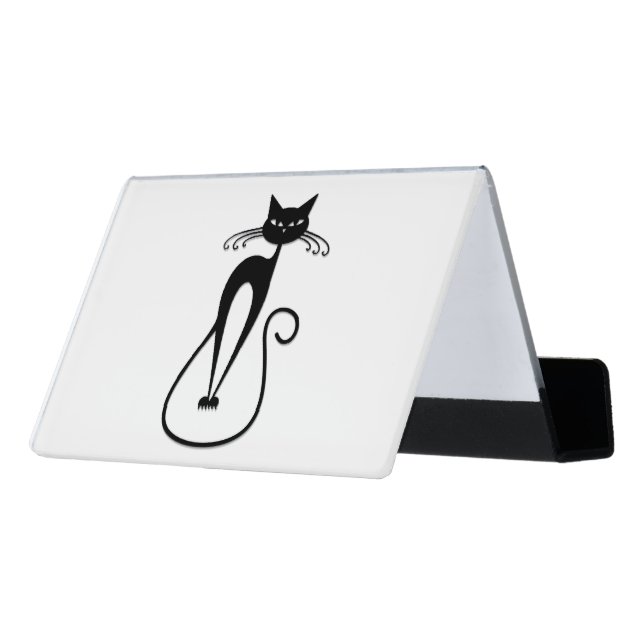 Whimsical Skinny Black Cat Desk Business Card Holder (Angled Back)