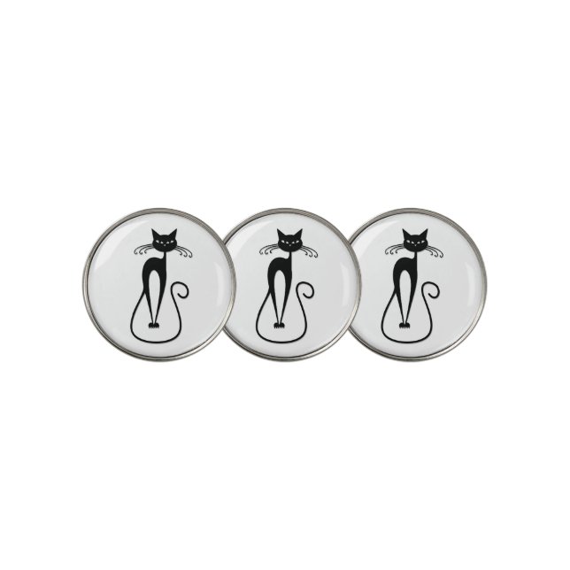 Whimsical Skinny Black Cat Golf Ball Marker (3 Up)