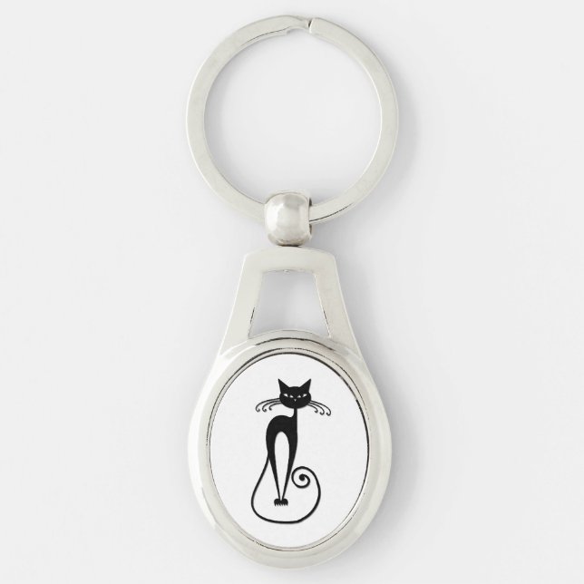 Whimsical Skinny Black Cat Keychain (Front)